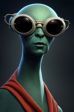 Alien of another planet with sunglasses closeup imaginative, extraterrestrial sci-fi fictional creature, outer space unknown mysterious visitor, extraterrestre alieno fantasy image 