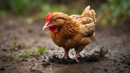 A close-up of a red hen on a farm, while out for a walk. homemade chicken. rustic style. - obrazy, fototapety, plakaty
