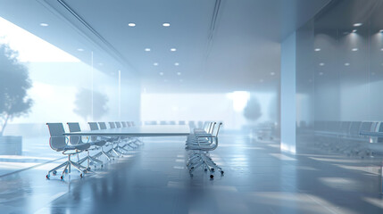 Blurred office interior background with panoramic windows and light from the window with green plant. Blurred office space with a business concept banner template