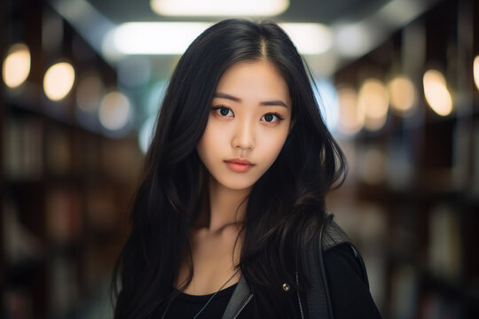 Created with generative AI picture of young charming lovely cute prety girl in library or bookshop