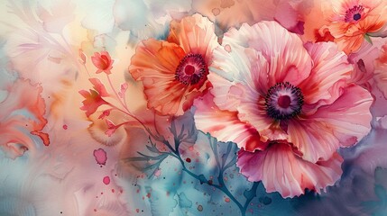Exquisite close-up captures the intricate details of floral watercolor, celebrating nature's allure in a stunning wallpaper. - obrazy, fototapety, plakaty