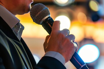 closeup of a host speaking into a microphone - obrazy, fototapety, plakaty