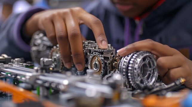 Detailed close-up of students working collaboratively on a mechanical engineering project, showcasing teamwork and innovation in STEM education.