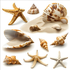 Fototapeta na wymiar Collection of seashells on a sandy beach isolated on white background, photo, png 