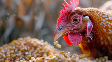 Zoomed in to the utmost detail, the image showcases the delicate movements of a chicken's beak as it precisely pecks at grains, illustrating the authentic feeding habits of farm-raised birds.