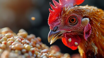 An intricate, extreme close-up captures the essence of a chicken's beak meticulously pecking at scattered grains, vividly portraying the innate feeding ritual of farm poultry. - obrazy, fototapety, plakaty