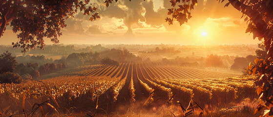 Vineyard at Sunset: Rows of Grapes Bask in the Golden Light, A Prelude to Natures Finest Elixir - obrazy, fototapety, plakaty
