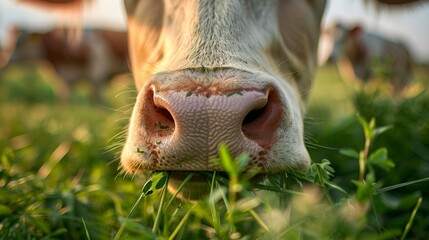 Zoomed in to the max, the camera reveals the intricate movements of a cow's mouth as it savors every bite of fresh grass, emphasizing the quintessential grazing habit that defines cattle. - obrazy, fototapety, plakaty