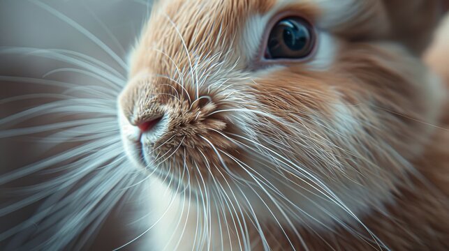 A meticulous extreme close-up captures the bunny's whiskers in vibrant detail, showcasing the keen senses and vigilance of rabbits.
