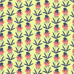 Cute Easter seamless pattern with bunny in flowers. Colorful and bright background, pink tulips