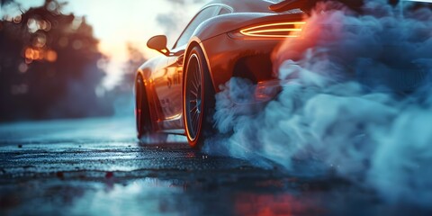Intense Closeup of a Sports Car Executing a Burnout on the Road. Concept Car Photography, Burnout, Close-up Shots, Sports Cars, Road Action - obrazy, fototapety, plakaty