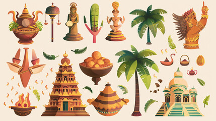 set of Vishu a cartoon characters and design elements. pilgrimage to the main temples of Kerala - obrazy, fototapety, plakaty