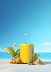 Reisekofffer im Sand, sonniger Hintergrund, Illustration Urlaub, Hochformat, Social Media, erstellt mit generativer KI