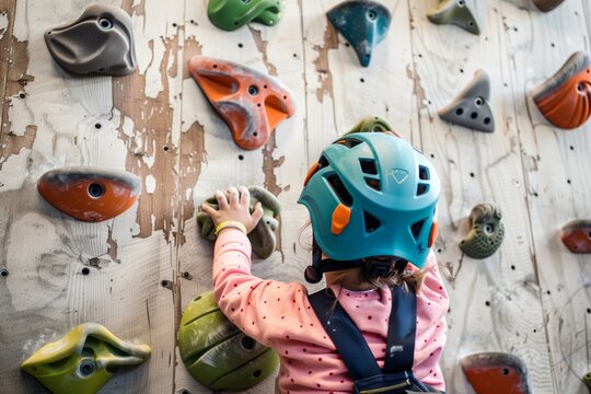 child wearing a helmet reaching for a hold on a kids climbing wall
