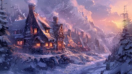 A cozy cottage nestled in a snowy village, smoke curling from its chimney and warm light emanating from the windows. 