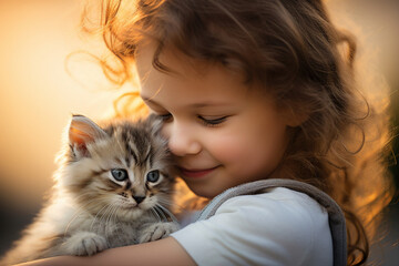 Generative ai picture of sweet cute adorable baby hugging cat love and care for domestic animal
