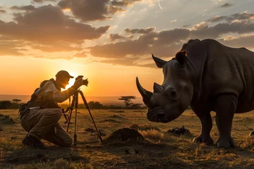 Fotobehang photographer capturing rhino at sunset © studioworkstock