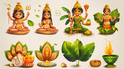 Vishu - set of Vishu a cartoon characters and design elements such as offerings to Hindu deities called vishukkani - obrazy, fototapety, plakaty