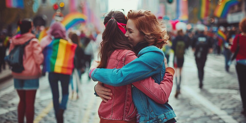 Portrait lesbian women hugging at LGBT Pride. The backdrop of pride and rainbow flags.