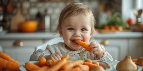 An adorable baby girl smiles while eating organic carrots, embracing a healthy diet at home.