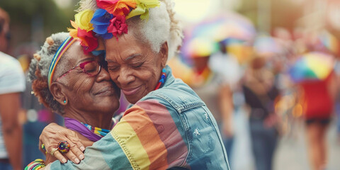 Obraz premium Portrait of mature lesbian women hugging at LGBT Pride. The backdrop of pride and rainbow flags