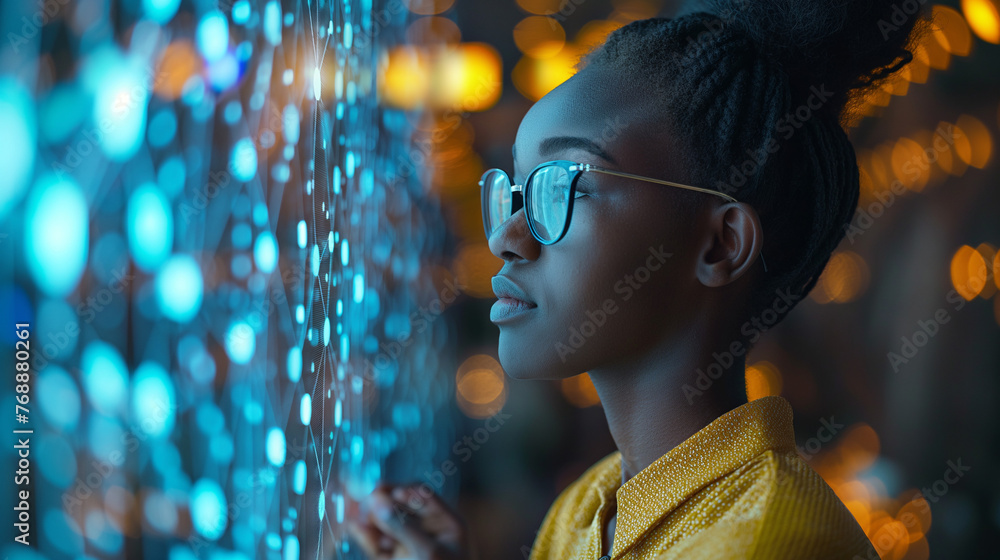 Poster black woman working in office and communication network concept. ict (information communication tech