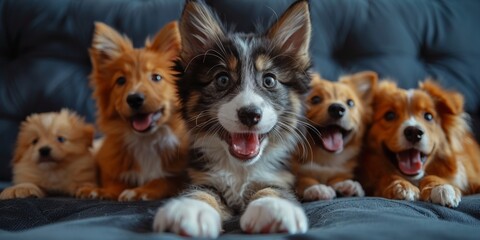 A portrait of a bunch of fluffy puppies sitting together on a sofa, looking adorable.