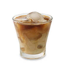 Iced coffee with milk in glass on white background