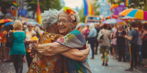 Fototapeta premium Portrait of mature lesbian women hugging at LGBT Pride. The backdrop of pride and rainbow flags
