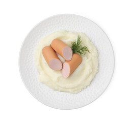 Delicious boiled sausages, mashed potato and dill isolated on white, top view