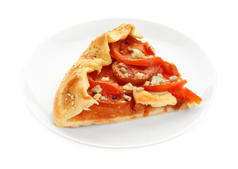 Piece of tasty galette with tomato and cheese (Caprese galette) isolated on white