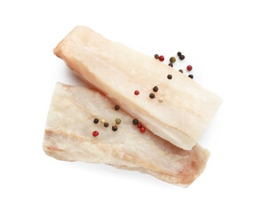 Fresh raw cod fillets with peppercorns isolated on white, top view