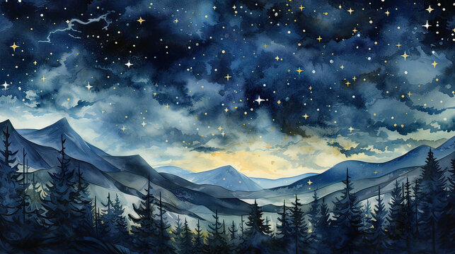  seamless midnight landscape in watercolor, adorned with gold foil highlights, depicting serene nightscapes and twinkling stars Ai Generative