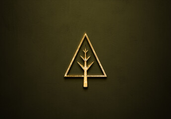 Old gold effect of triangular tree logo with 3D glossy style Mockup. - obrazy, fototapety, plakaty