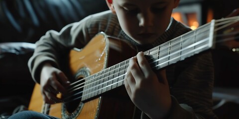 Kid play acoustic guitar in closeup , concept of Musical performance