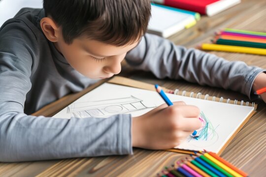 boy sketching in an art pad with colored pencils nearby