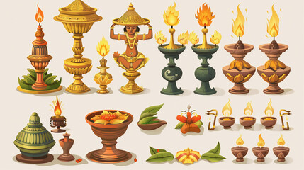 Vishu - set of Vishu a cartoon characters and design elements such as bronze lamp called nilavilakku
