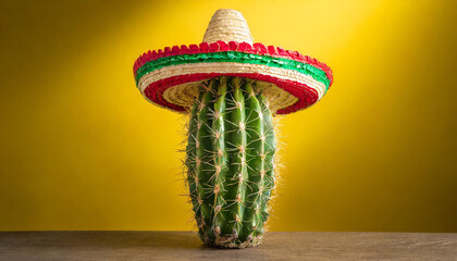 Green cactus wearing Mexican sombrero hat. Cinco de mayo celebration. Holiday concept.