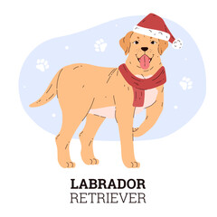 Labrador retriever wearing Santa's hat and scarf. Flyer with text.