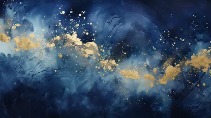 Foto op Plexiglas  seamless midnight landscape in watercolor, adorned with gold foil highlights, depicting serene nightscapes and twinkling stars Ai Generative © SK