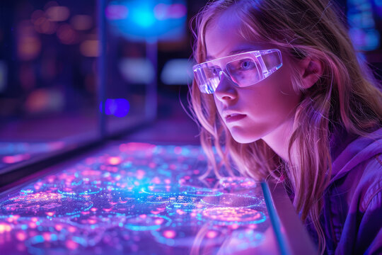 Concentrated schoolgirl in VR-glasses learning sciences in virtual laboratory, technology and innovations in educational process