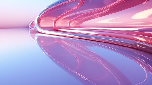 Reflective floor with a radiant pink and blue arc birda  seye view harmonious colors sleek futuristic visually soothing  3D render