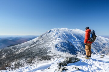hiker admiring view from snowy mountaintop, clear sky