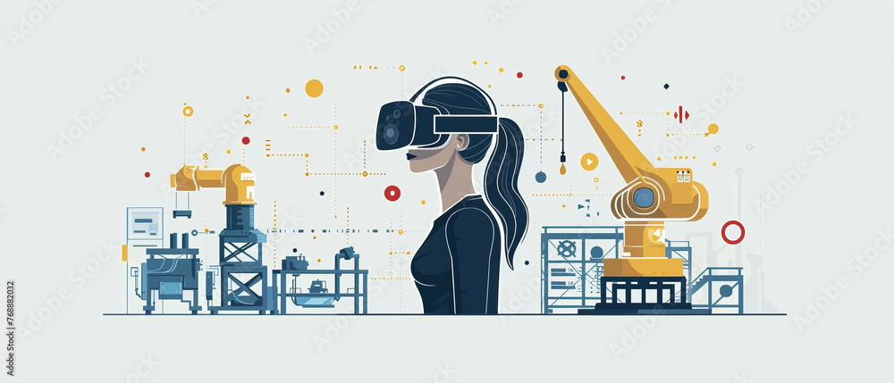 Poster a woman with virtual reality headset is programming and operating an industrial robot in a futuristi