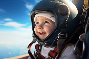 AI generated image of cheerful happy funny baby skydiver free falling