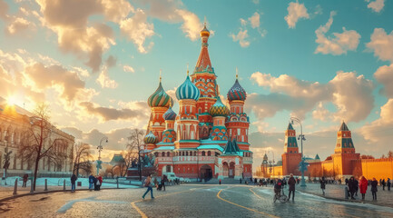 A panoramic view of the Moscow Red Square, showcasing St Basil's Cathedral and Sretenskymoskull tower, bathed in sunlight with blue sky above