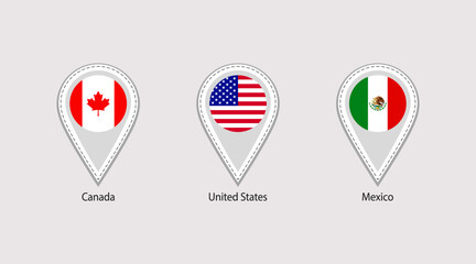 Northern America flag map pins isolated icons vector illustration. American countries location point, signs shapes. Official symbols stickers set with state name. USA, Canada, Mexico markers badges