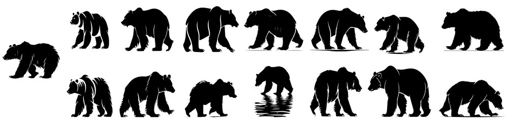 bear silhouette collection. Set of black bear silhouette. Big Bundle, isolated on transparent background, Vector Designs