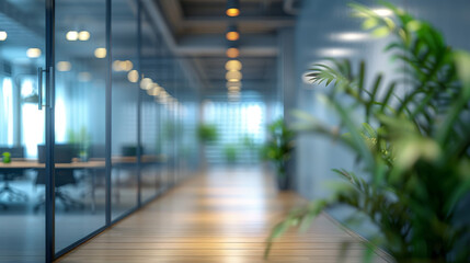 A blurred office conference room with large glass windows, blurred modern office meeting room interior - obrazy, fototapety, plakaty