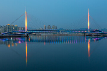 Masan Fish Market. Marine Nuri Park. Night view of the West Port Park Bridge in Changwon, South Gyeongsang Province, South Korea.